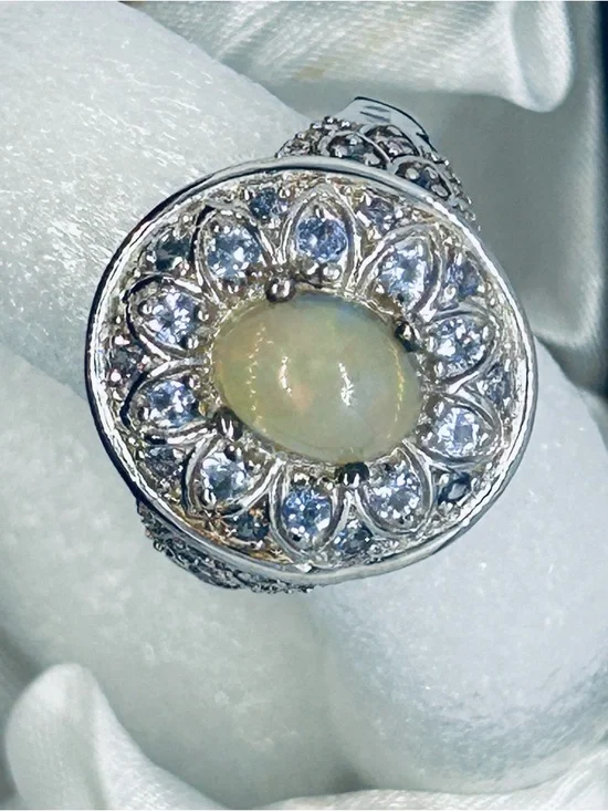 Sterling Opal Floral Halo Ring with Blue Accents - Picture 2 of 6